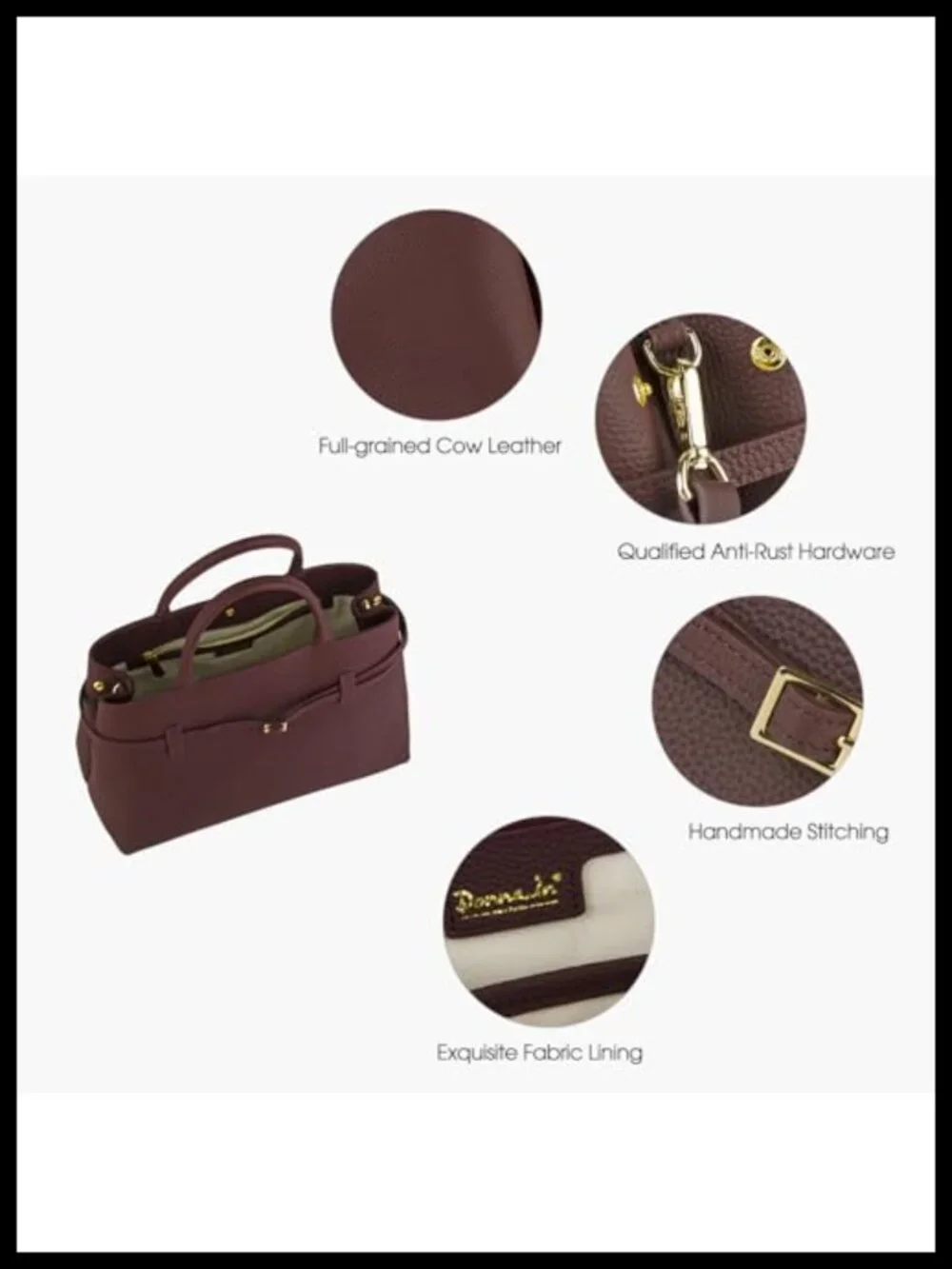 Full-Grain Cowhide Leather Satchel Work Tote with Detachable Strap